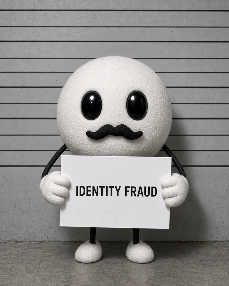 A fuzzy white plush robot in a fake mustache poses for a mugshot against a height chart, holding a sign that reads Identity Fraud