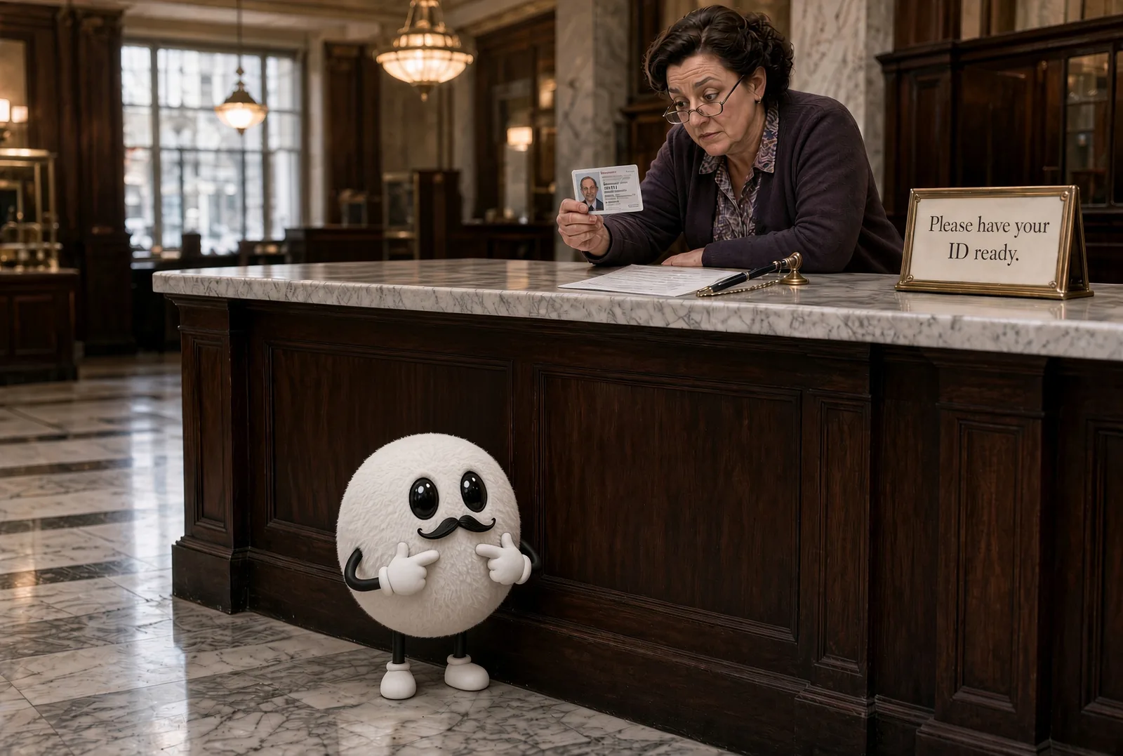 A fuzzy white plush robot in a fake mustache stands below a marble bank counter, pointing at itself. Above it, out of its view, the teller peers at a man's ID card. A brass sign on the counter reads: Please have your ID ready.
