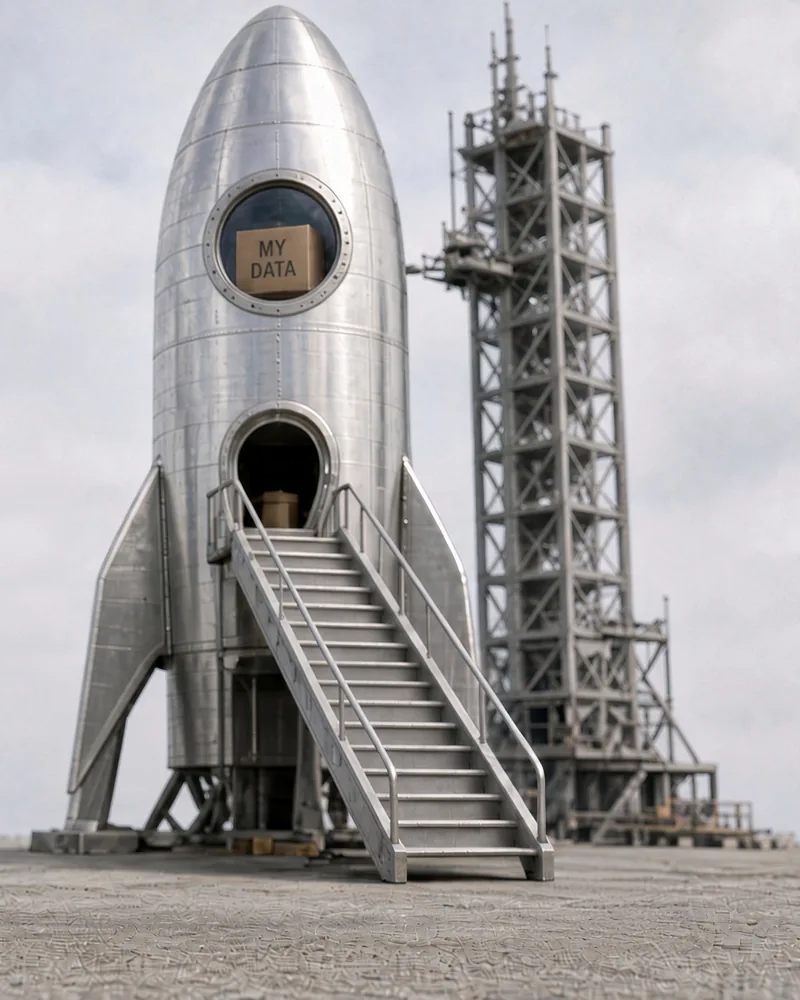 A silver rocket on its launch pad, with a box labeled My Data in its porthole and a cardboard box at the top of its boarding stairs
