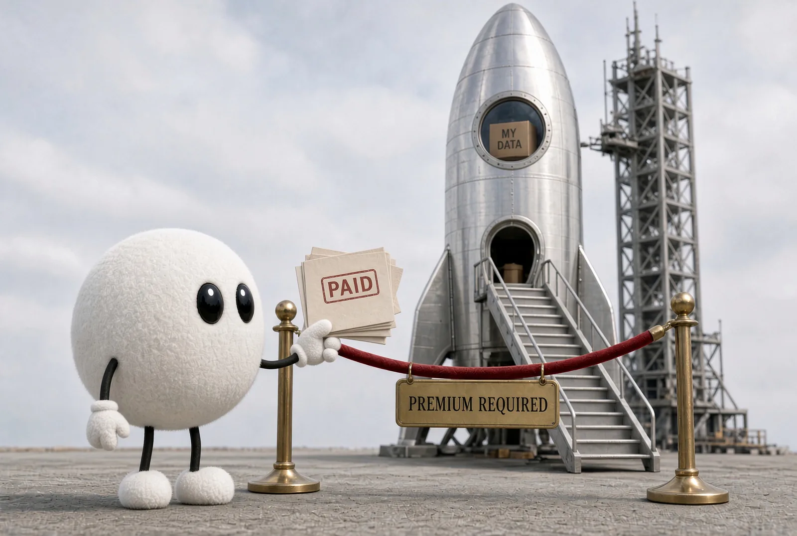 A fuzzy white plush robot holds out a stack of envelopes stamped PAID at a velvet rope with a brass sign reading Premium Required. Behind the rope, a silver rocket stands on its launch pad with a box labeled My Data in its porthole.