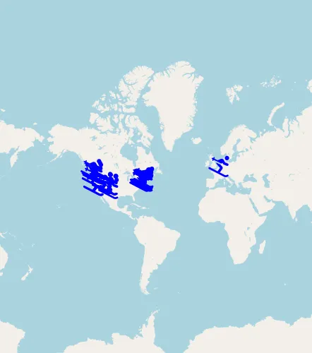 Map of the ski resorts I have skied across North America and Europe