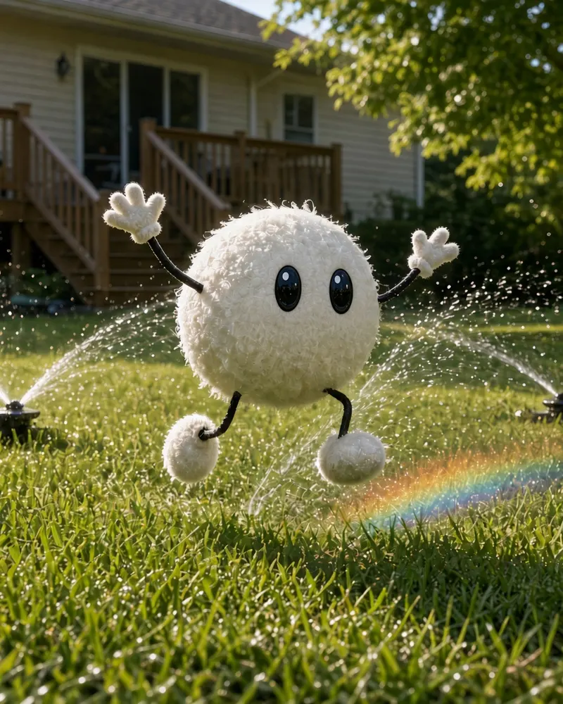 A fuzzy white plush robot leaps across a sunny lawn with its arms up, between running sprinkler heads