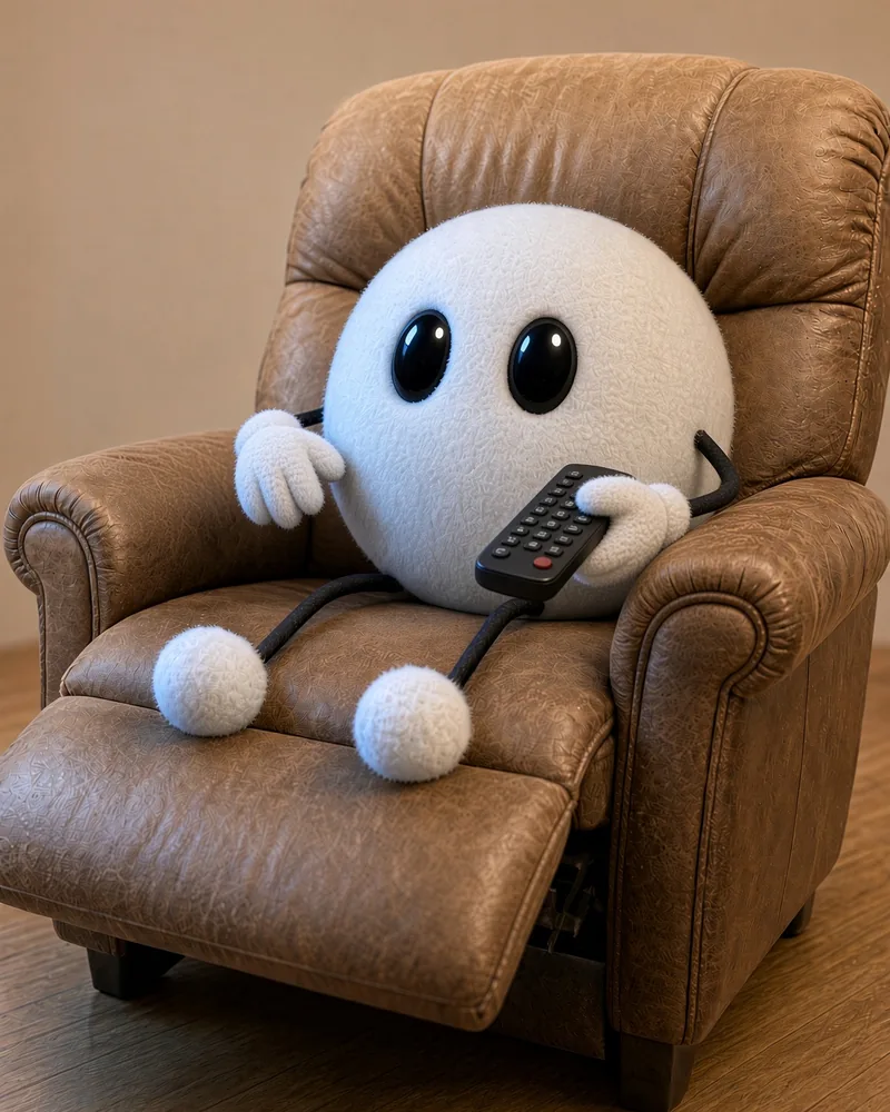A fuzzy white plush robot leans back in a tan leather recliner with its feet up, holding a TV remote