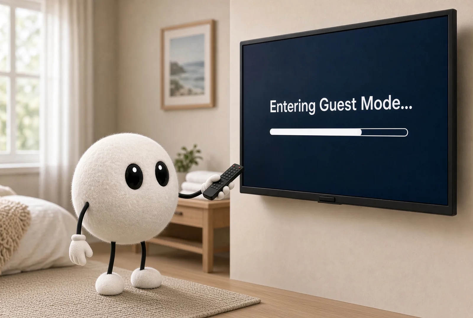 A fuzzy white plush robot stands on the rug of a bright rental bedroom, pointing a black remote at a wall-mounted TV. The screen reads Entering Guest Mode, above a progress bar about two-thirds full. Folded towels sit on a side table behind it.
